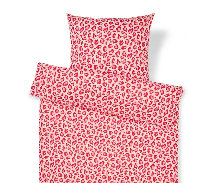 Ensemble de literie à motif léopard rose et rouge comprenant une taie d'oreiller et une housse de couette.