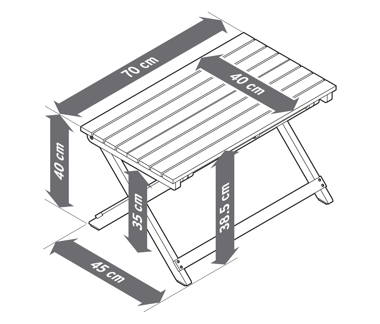Illustration d'une table de jardin pliante mesurant 70x40x38,5 cm.