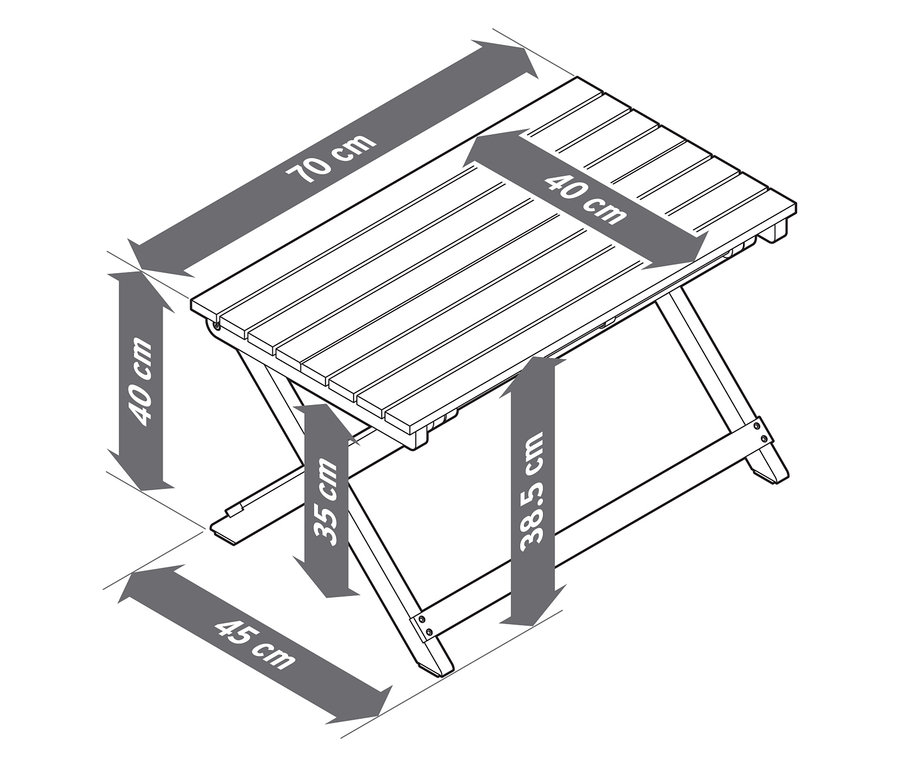 Illustration d'une table de jardin pliante mesurant 70x40x38,5 cm.