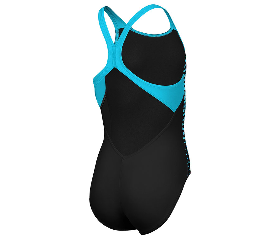 Vue arrière d'un maillot de bain noir avec des bretelles turquoises.