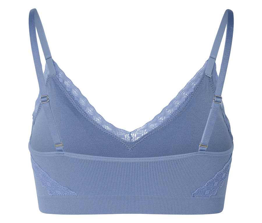 Soutien-gorge bleu clair avec dentelle et bretelles réglables, vue de dos.