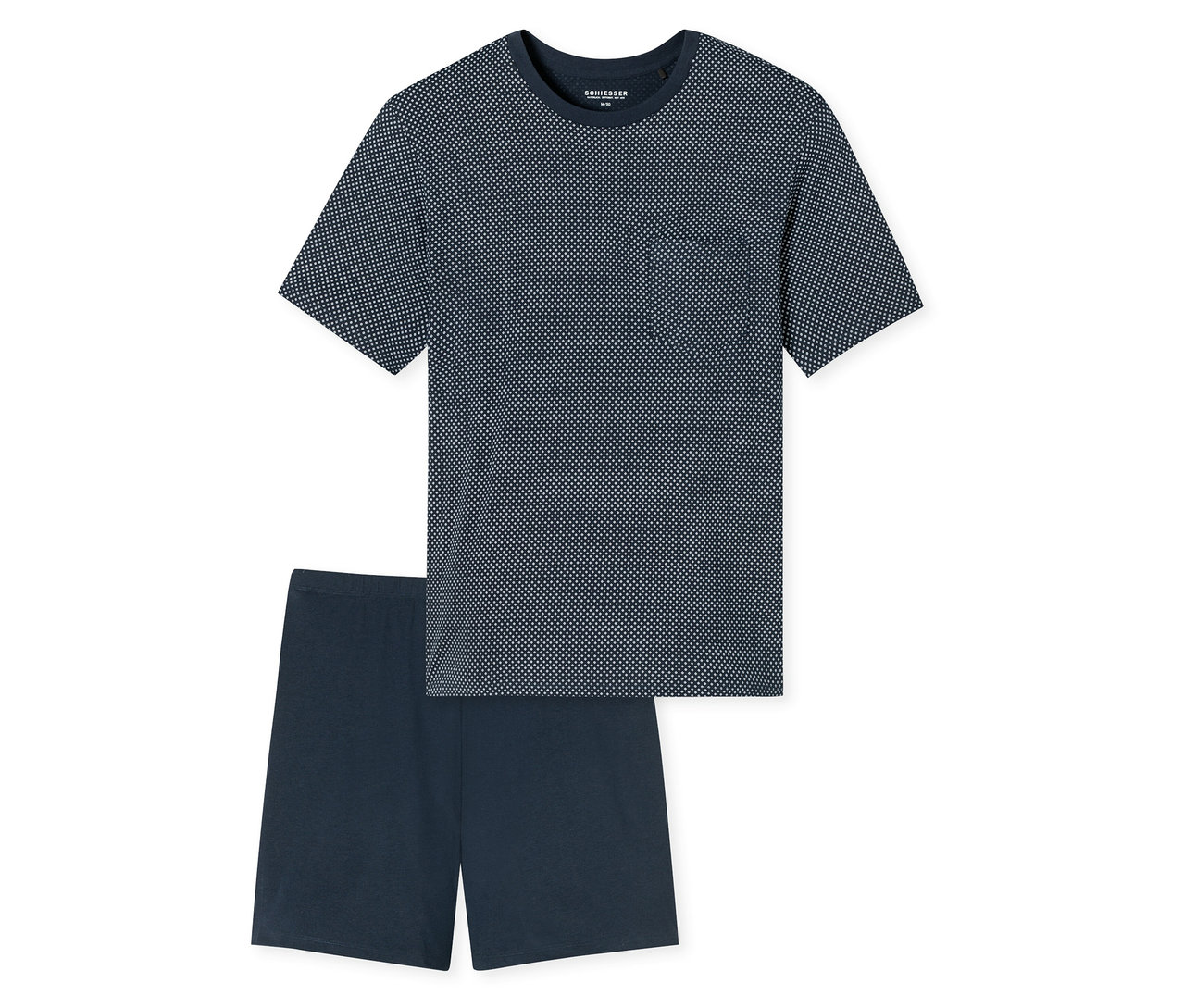 Ensemble de pyjama court SCHIESSER bleu marine avec t-shirt à pois et short.