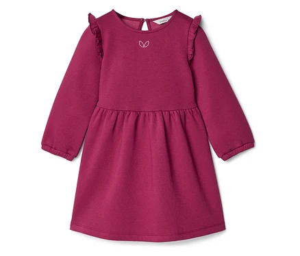 Robe bordeaux à manches longues avec des volants aux épaules et un motif de feuilles blanches sur la poitrine.