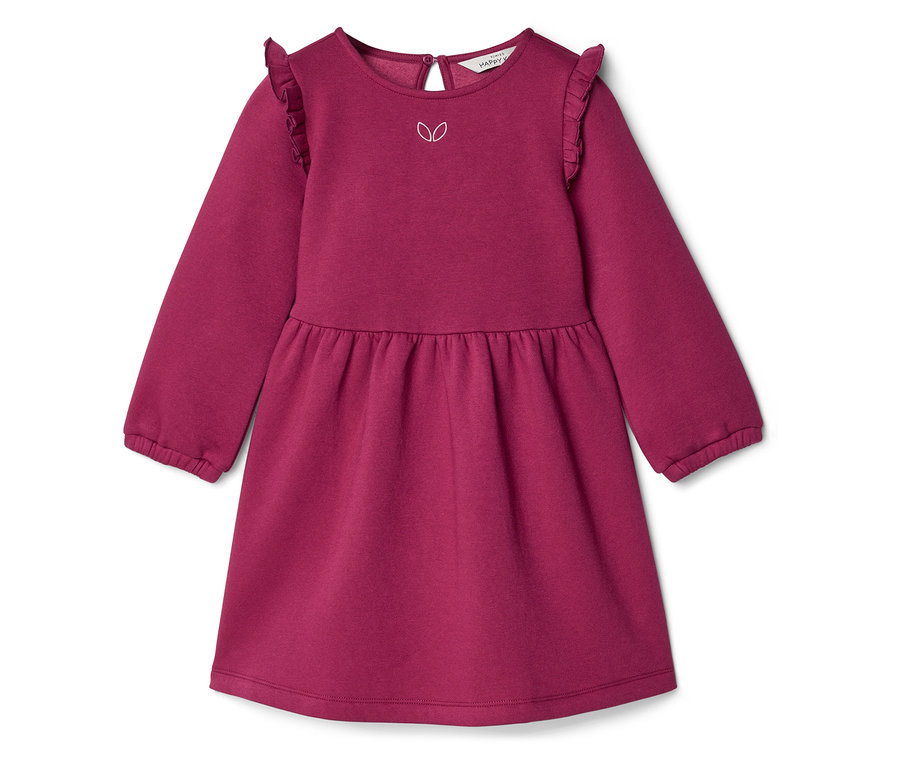 Robe bordeaux à manches longues avec des volants aux épaules et un motif de feuilles blanches sur la poitrine.