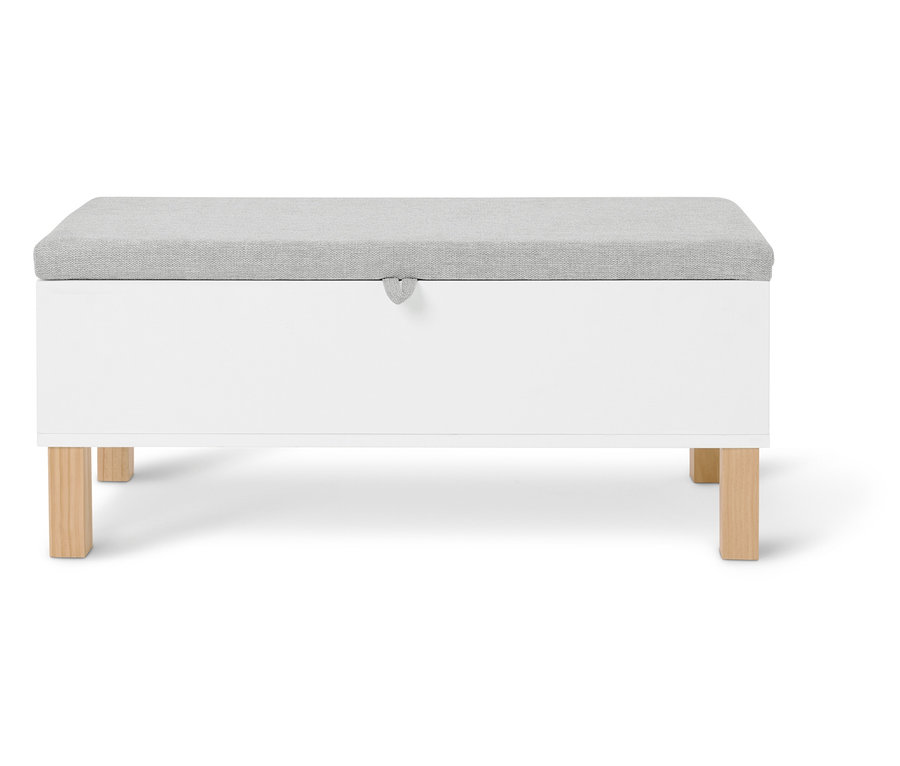 Tabouret blanc avec assise rembourrée grise et pieds en bois.
