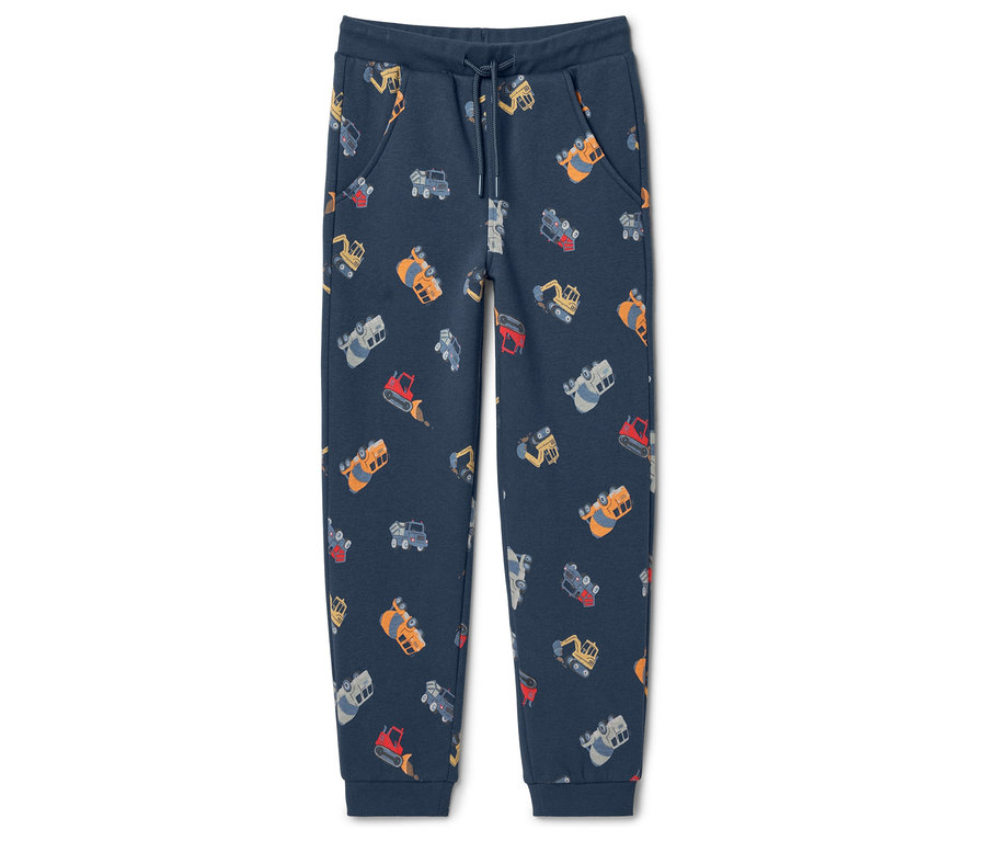 Un long pantalon de jogging bleu marine avec un motif intégral d'engins de chantier.