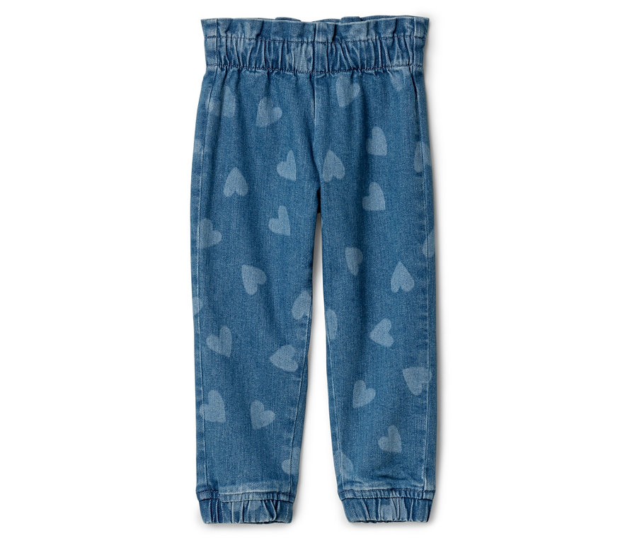 Pantalon bleu avec ceinture élastique et motif de cœur.