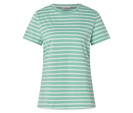 Un t-shirt rayé vert clair et blanc posé sur une surface blanche.