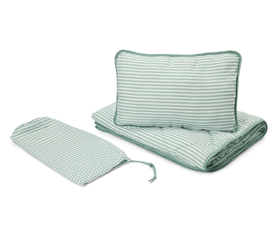 Ensemble de literie de voyage rayé vert clair comprenant une couverture, un oreiller et un sac.