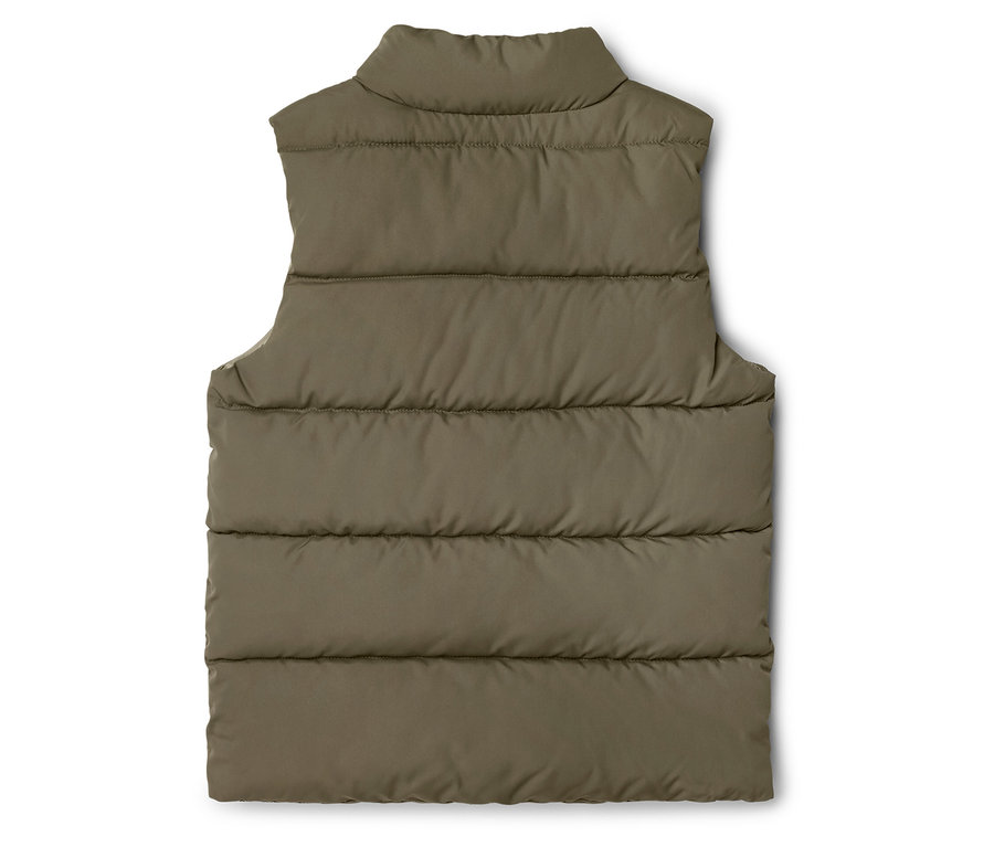 Vue arrière d'un gilet matelassé olive sans manches avec un col montant.