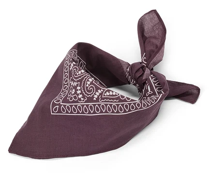 Foulard bandana violet foncé avec motif cachemire blanc, plié en triangle et noué.