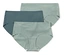 Trois culottes taille haute pour femmes dans des tons de vert et de bleu sont superposées.