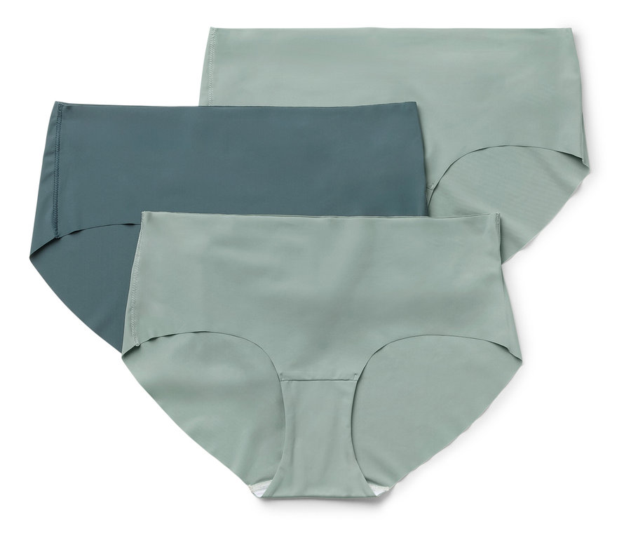 Trois culottes taille haute pour femmes dans des tons de vert et de bleu sont superposées.
