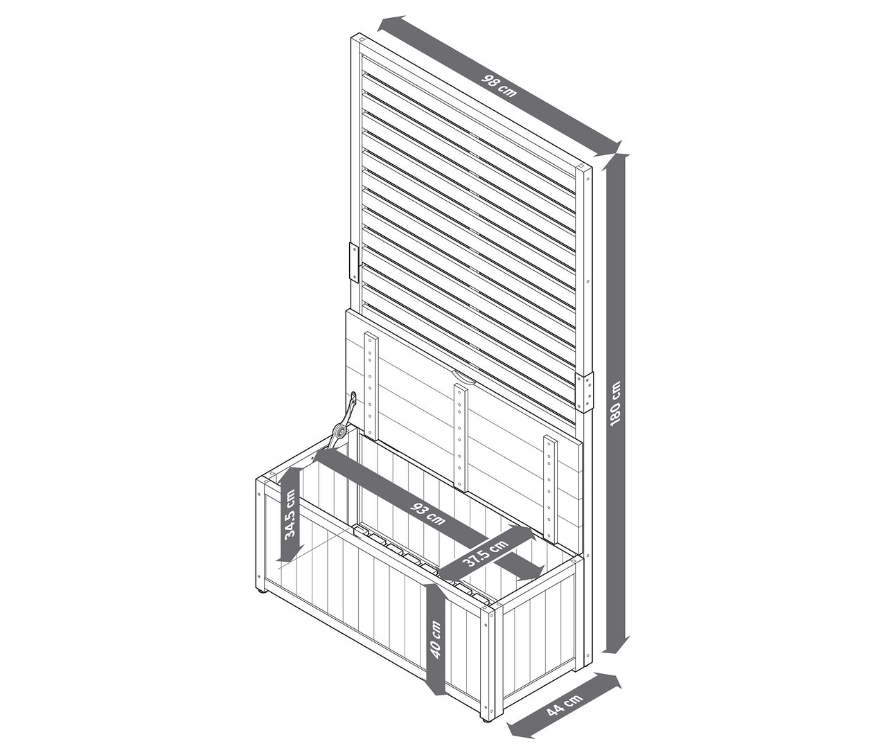 Illustration du module de protection visuelle 2 en 1 avec banc de rangement avec dimensions.