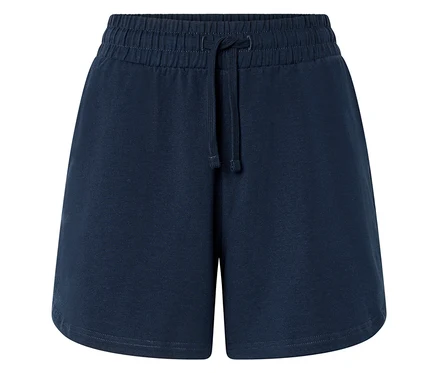Gros plan sur un short bleu marine avec cordon de serrage.