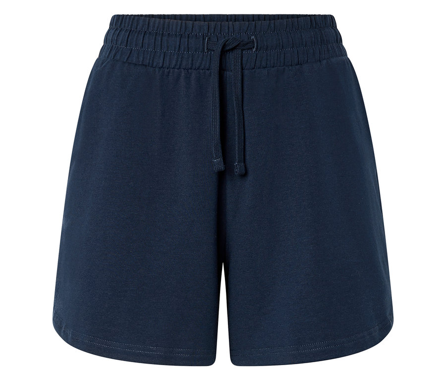 Gros plan sur un short bleu marine avec cordon de serrage.