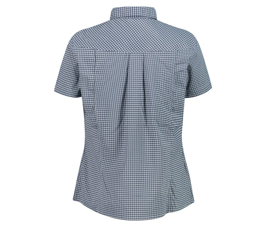 Vue arrière d'une chemise à carreaux cintrée à manches courtes.