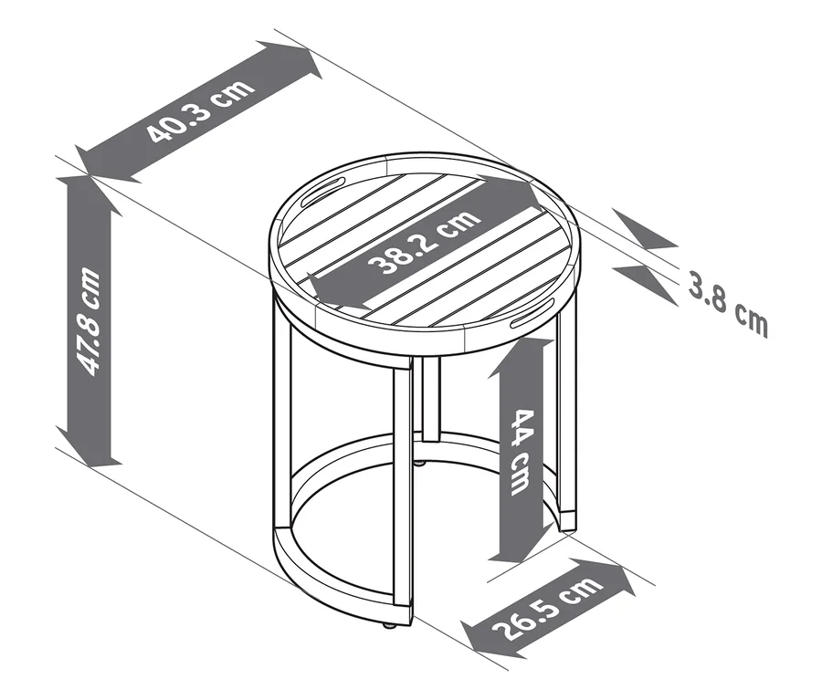 Dessin au trait d'une table d'appoint de jardin avec plateau amovible, Ø env. 40 cm et 50 cm, avec dimensions.