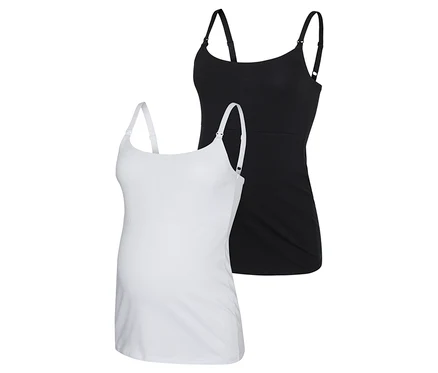 Deux débardeurs de grossesse MAMALICIOUS MLKERRIE STRAP JRS TOP 2F 2-P NOOS, un blanc et un noir, sont superposés.
