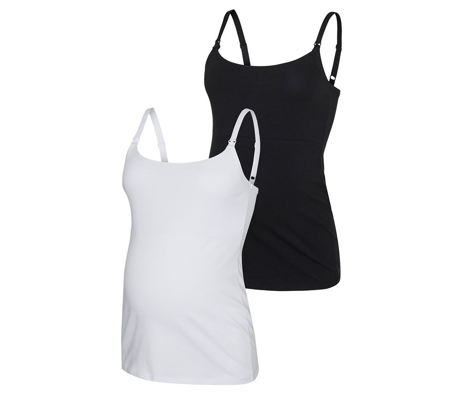 Deux débardeurs de grossesse MAMALICIOUS MLKERRIE STRAP JRS TOP 2F 2-P NOOS, un blanc et un noir, sont superposés.