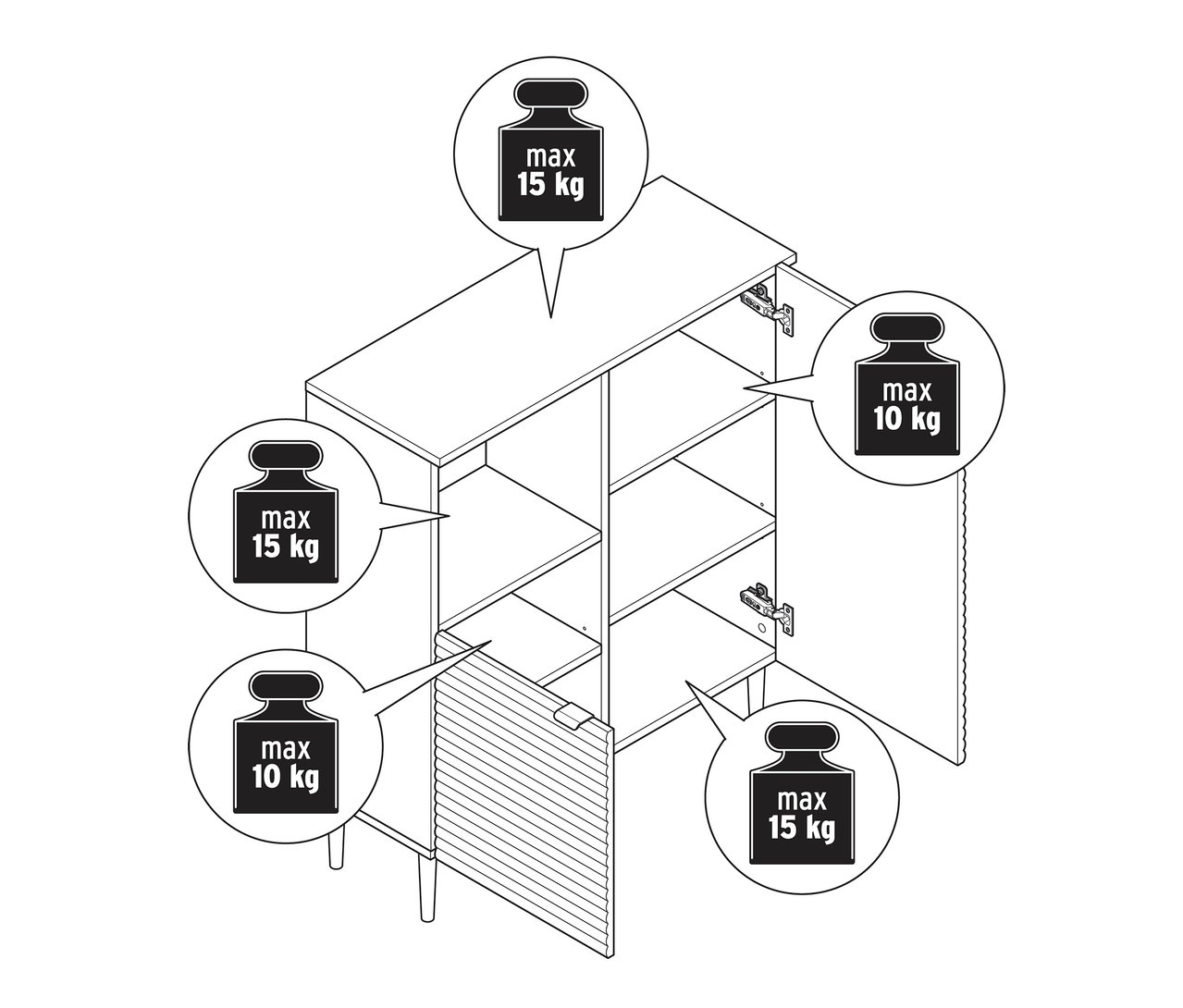 L'image montre un schéma d'une commode de salle de bains « SONARI » avec portes, indiquant la capacité de charge maximale de chaque étagère.