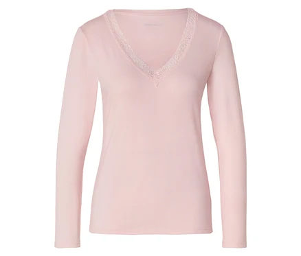 T-shirt rose à manches longues avec col en V et dentelle blanche.