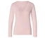 T-shirt rose à manches longues avec col en V et dentelle blanche.