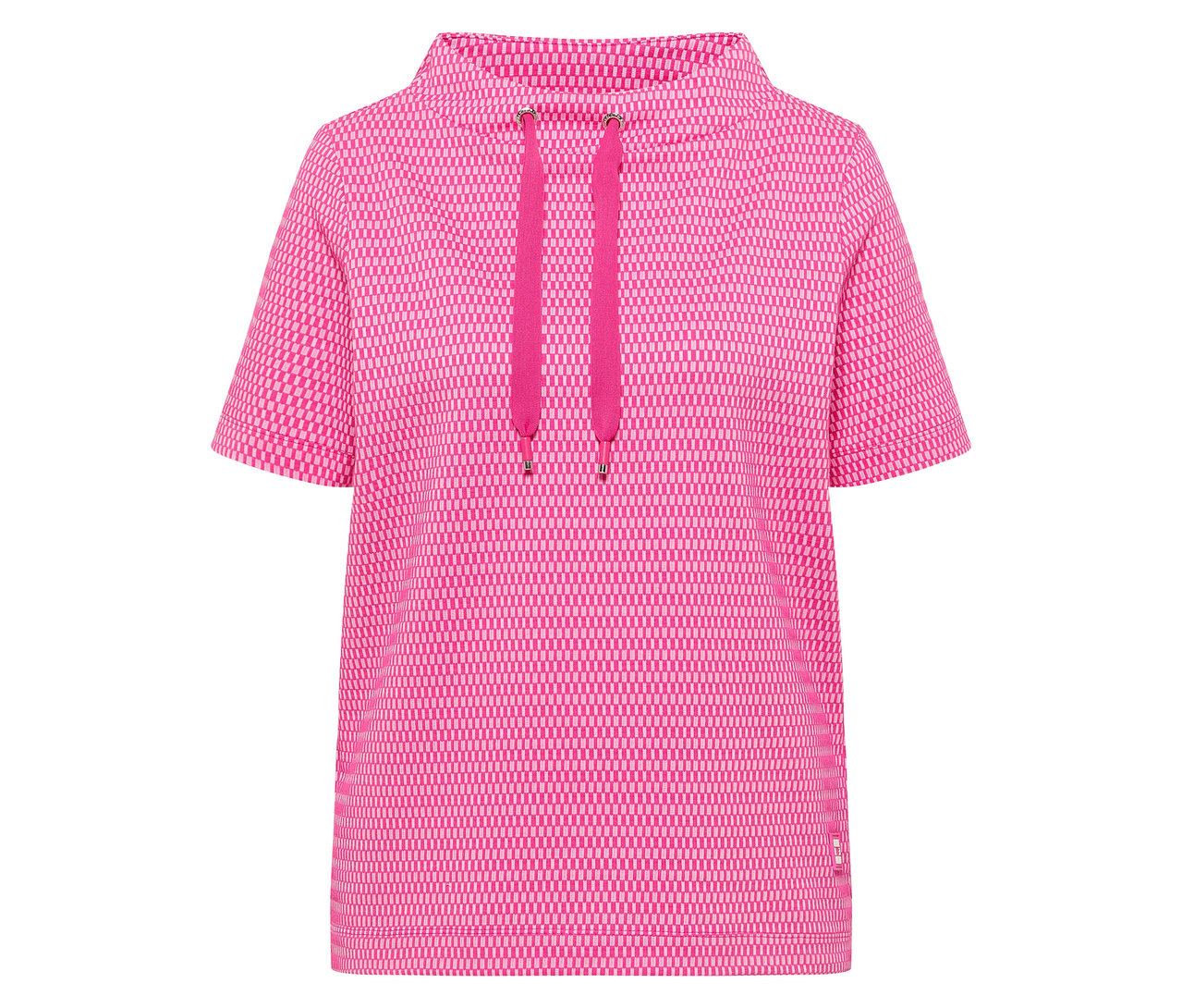 Gros plan sur un sweatshirt CECIL rose à manches courtes et à capuche avec cordon de serrage.