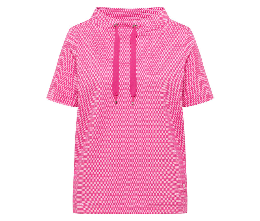 Gros plan sur un sweatshirt CECIL rose à manches courtes et à capuche avec cordon de serrage.