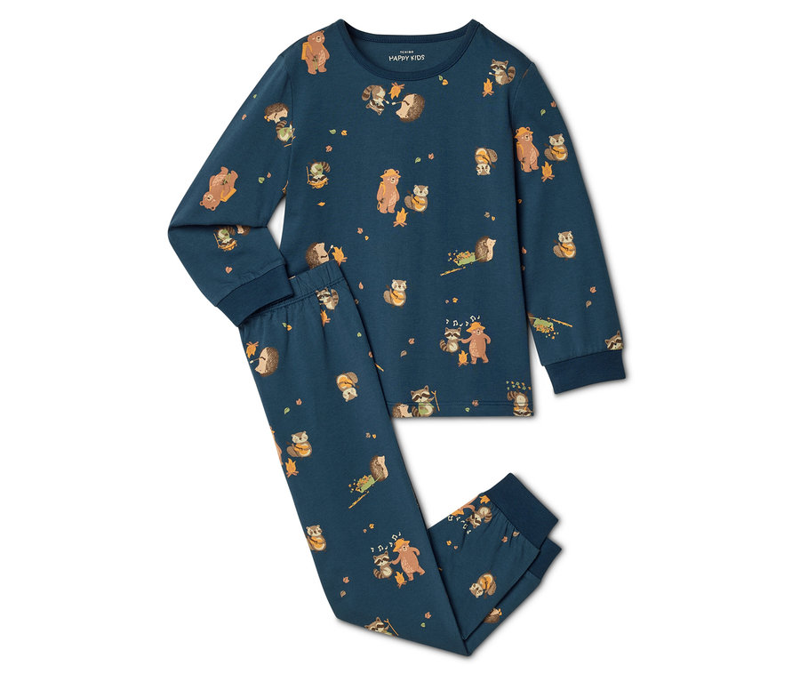 Pyjama bleu marine à motifs d'ours, de ratons laveurs et de hérissons, composé d'un haut à manches longues et d'un pantalon.