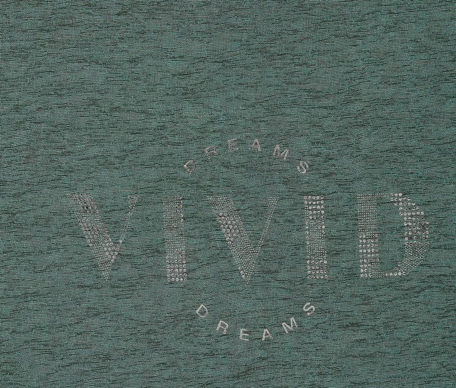 Gros plan sur un tissu vert menthe avec l'inscription argentée « Vivid Dreams ».