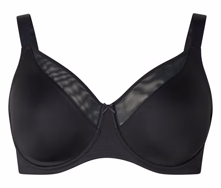 Soutien-gorge noir avec bonnets opaques, empiècements en maille transparente sur le haut des bonnets et un petit nœud au centre.