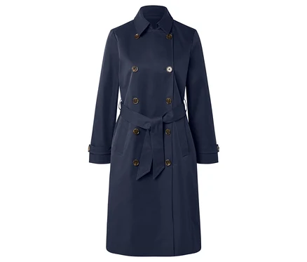 Trench-coat croisé bleu marine avec ceinture.