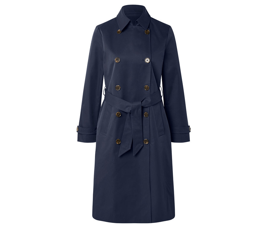 Trench-coat croisé bleu marine avec ceinture.