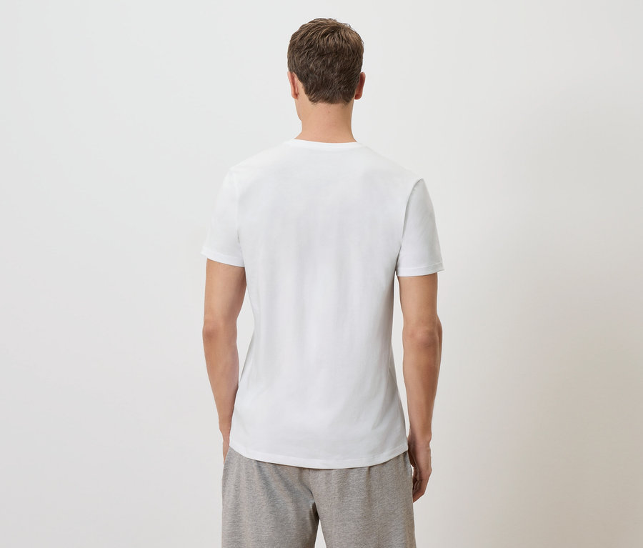 Un homme se tient dos à la caméra, vêtu d'un t-shirt blanc et d'un short gris.