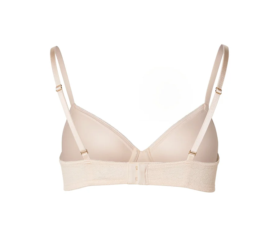Vue de dos d'un soutien-gorge beige avec des bretelles réglables, une bande texturée et une fermeture à agrafes.