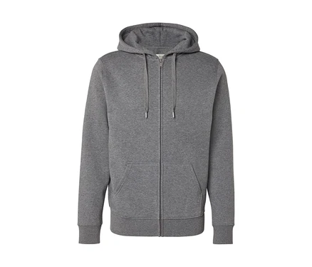 Sweat à capuche gris zippé avec cordon de serrage, poignets et ourlet côtelés, et deux poches avant, sur fond blanc.
