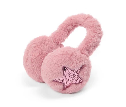 Cache-oreilles roses duveteux avec une étoile à paillettes sur une oreillette.