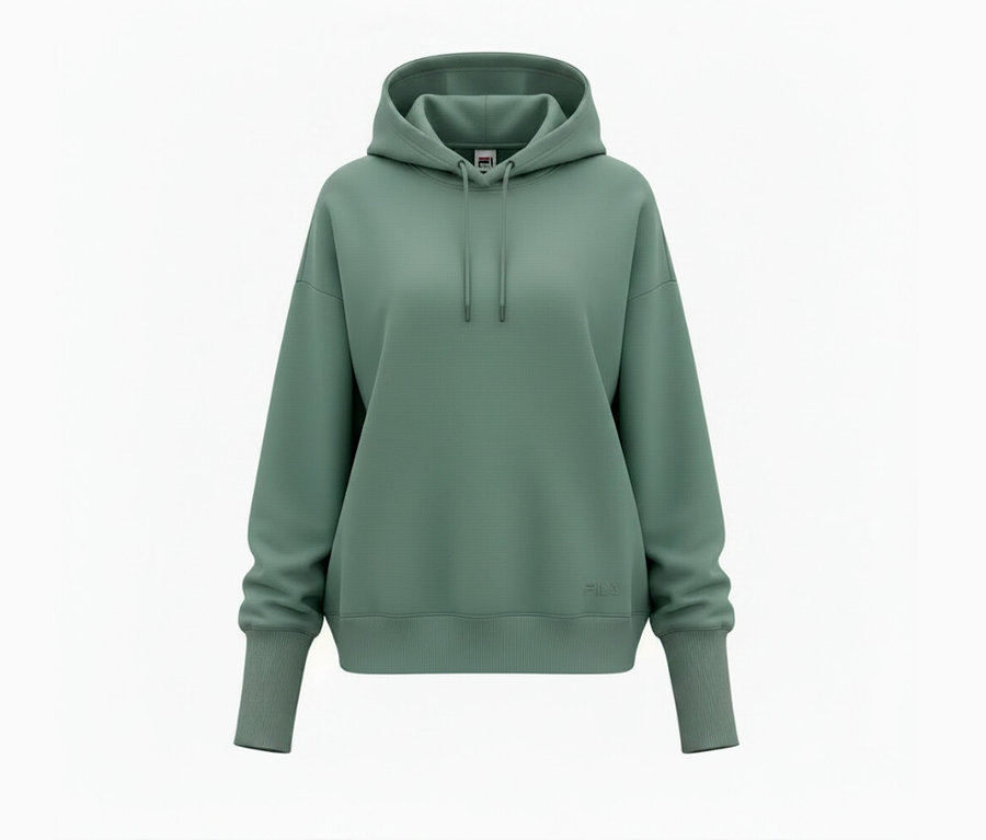 Hoodie pour femme FILA vert sauge en mélange de modal, avec capuche à cordons, poignets et ourlet côtelés.
