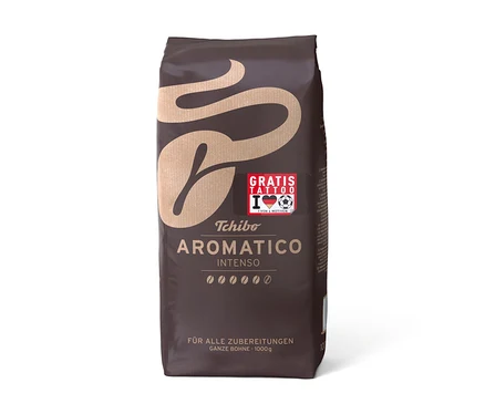 Paquet de café brun Tchibo Aromatico Intenso de 1 kg en grains, avec une promotion de tatouage gratuit.