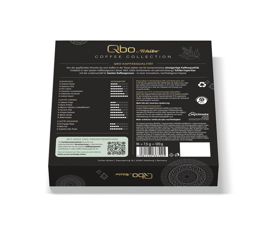 Boîte gris foncé de Qbo Collection - 16 capsules de Tchibo, avec des informations sur les types de café, l'intensité, la durabilité et le recyclage.