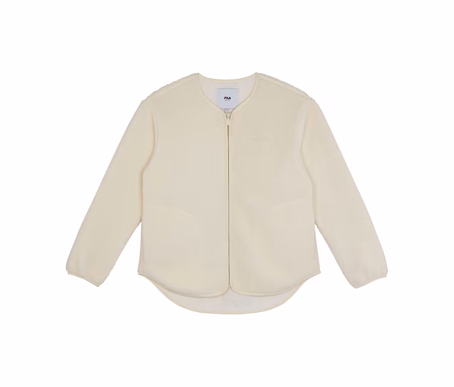 Veste en polaire teddy FILA pour femme, de couleur crème, avec fermeture éclair et col rond.