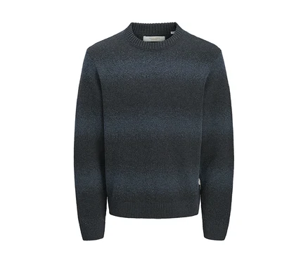 Pull col rond dégradé bleu foncé et gris avec poignets et ourlet côtelés.