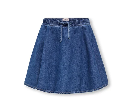 Jupe en jean bleue avec une taille élastique et un cordon de serrage à l'avant.