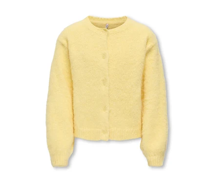 Cardigan en maille duveteuse jaune clair avec col rond, manches longues et trois boutons sur le devant.