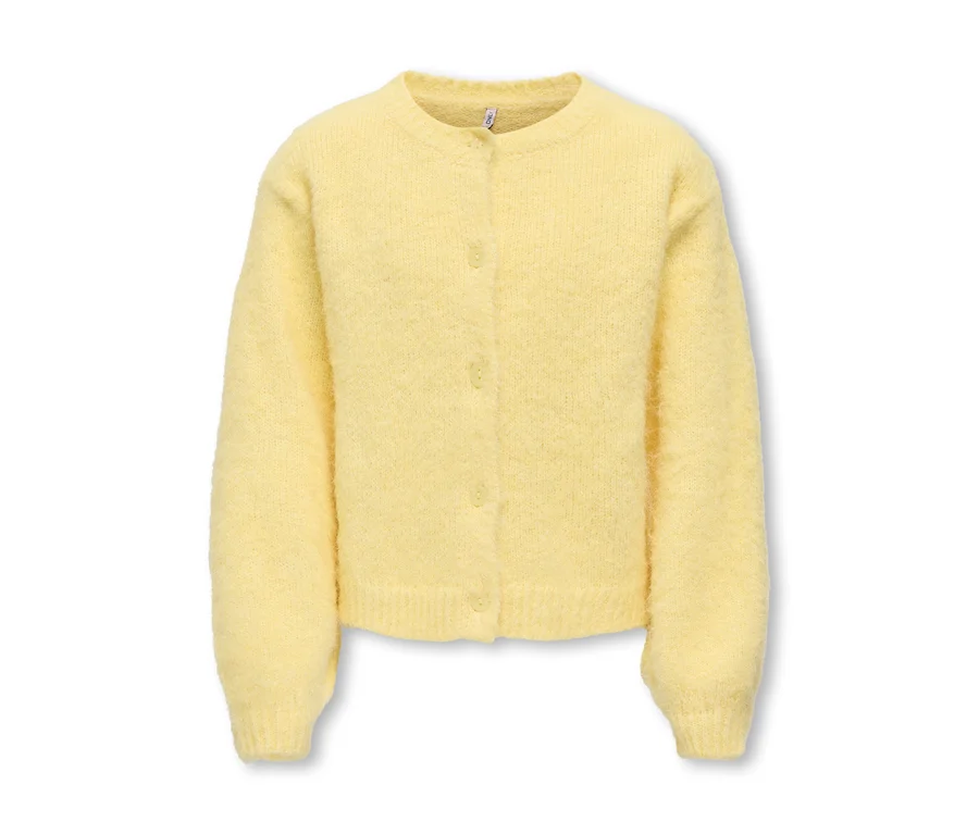 Cardigan en maille duveteuse jaune clair avec col rond, manches longues et trois boutons sur le devant.