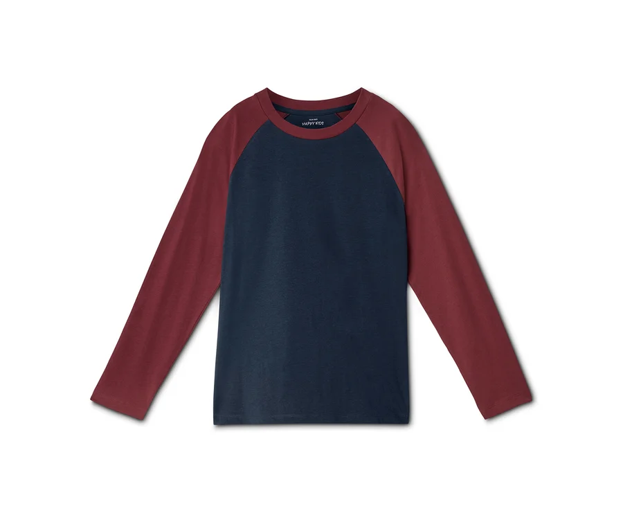 Un t-shirt raglan à manches longues avec un corps bleu foncé et des manches marron, orné d'une petite étiquette "HAPPY KIDS" au col.