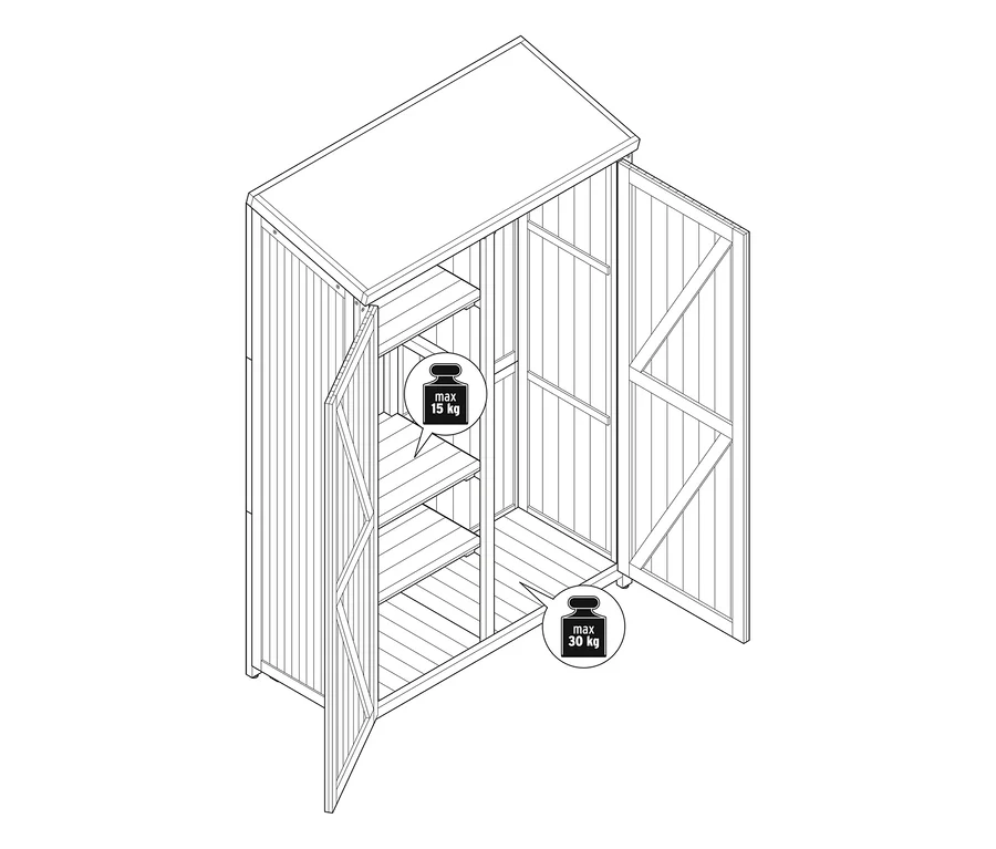 Grande armoire de jardin à double battant, ouverte, avec trois étagères à gauche et un compartiment ouvert à droite. Les étagères supportent max. 15 kg, le fond du compartiment max. 30 kg.