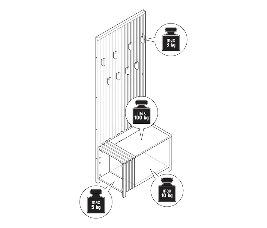 Garde-robe avec banc, aspect lamellé avec indication de poids.