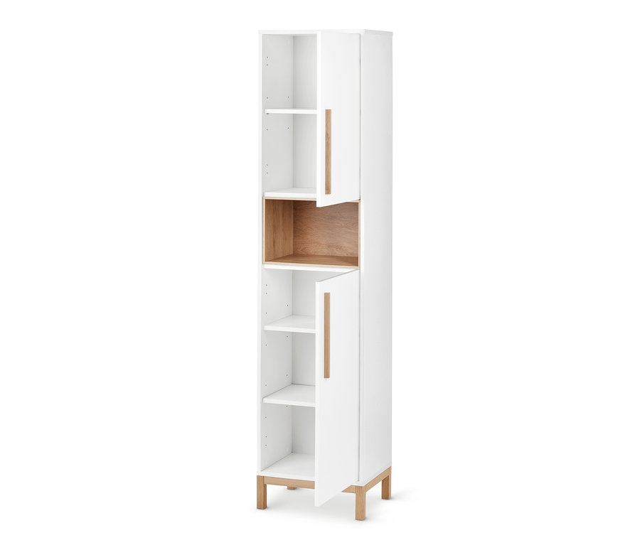 Armoire haute de salle de bain «Eklund» blanche avec portes ouvertes et détails en bois.